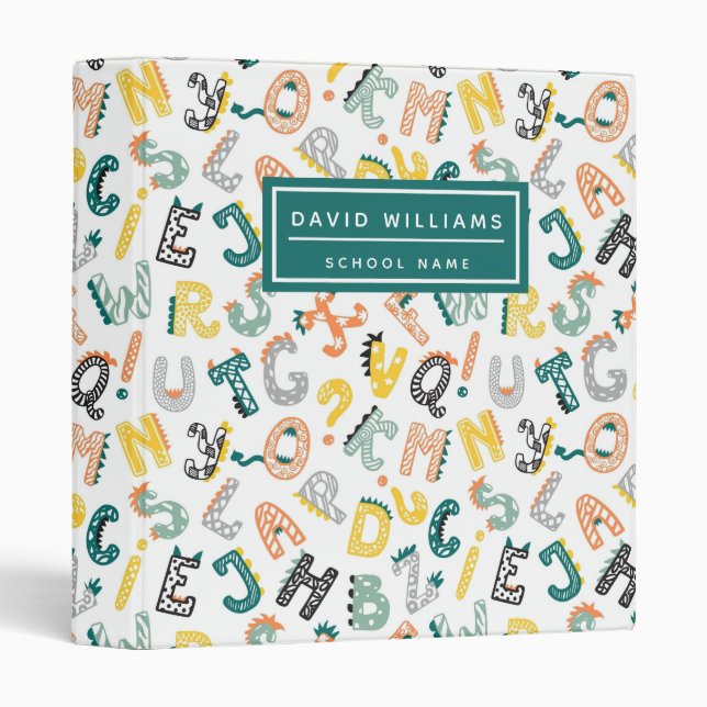 Cute Dinosaur Alphabet Pattern Kids School 3 Ring Binder (Front/Spine)
