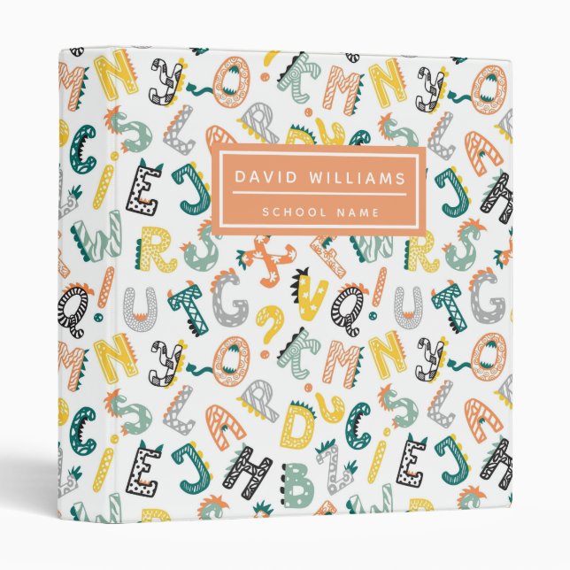 Cute Dinosaur Alphabet Pattern Kids School 3 Ring Binder (Front/Spine)
