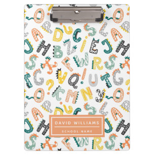 Cute Dinosaur Alphabet Pattern Kids School Clipboard