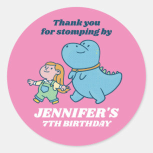 Cute Dinosaur and A Girl Kids Birthday Party Classic Round Sticker