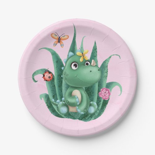 Cute Dinosaur and Friends Girl Baby Shower Paper Plates