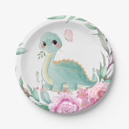 Cute Dinosaur and Pink Peonies Baby Shower Paper Plates