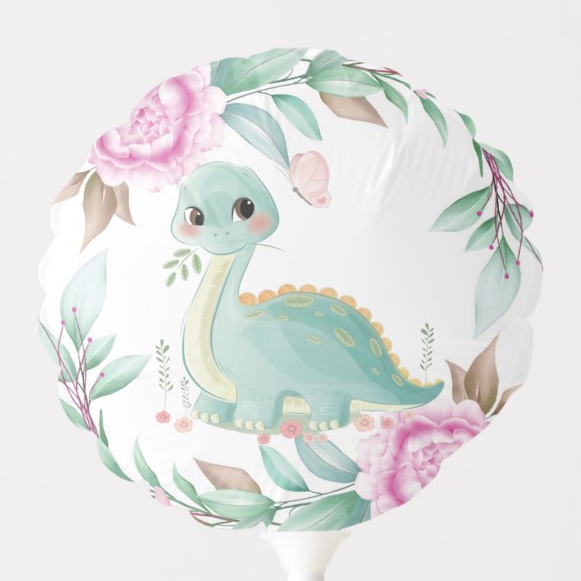 Cute Dinosaur and Pink Peony Baby Shower Balloon (Front)
