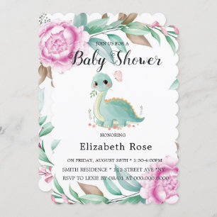 Cute Dinosaur and Pink Peony Baby Shower Invites