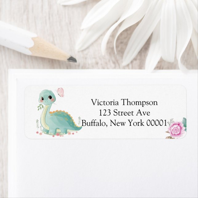 Cute Dinosaur and Pink Peony Baby Shower Label (Insitu)
