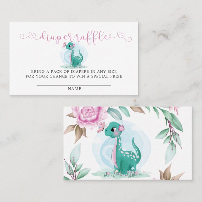 Cute Dinosaur and Pink Peony Diaper Raffle Busines Business Card (Front/Back)