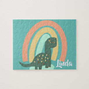 Cute Dinosaur and Rainbow Colorful Kids Art Jigsaw Puzzle