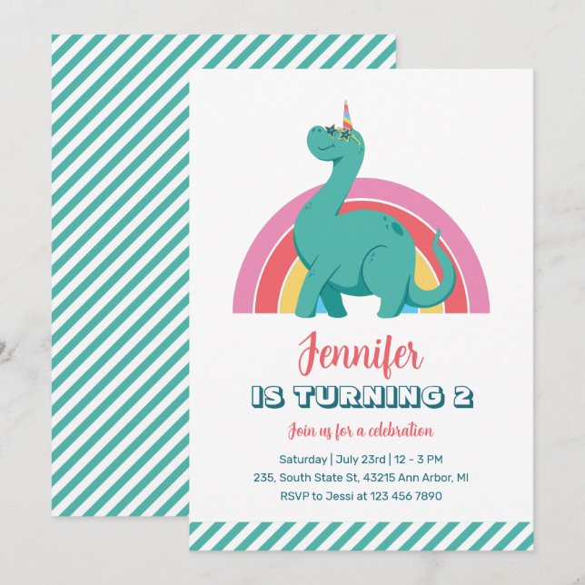 Cute Dinosaur and Rainbow Kids Dino Birthday Invitation (Front/Back)