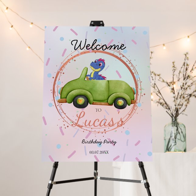 Cute dinosaur antique car boy kid Birthday Welcome Foam Board (In Situ (Stand))