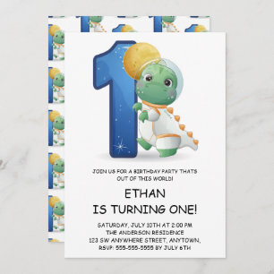 Cute Dinosaur Astronaut 1st Birthday Party Invitation