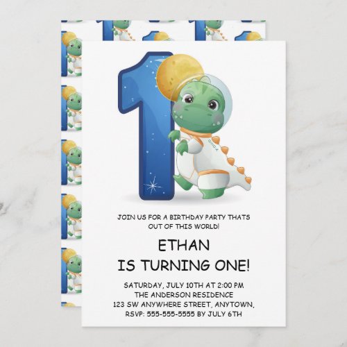 Cute Dinosaur Astronaut 1st Birthday Party Invitation