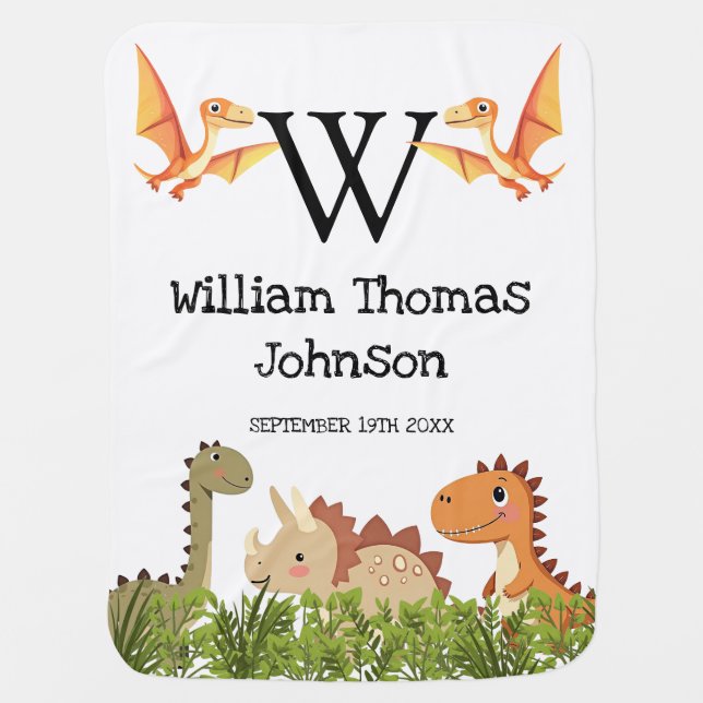 Cute Dinosaur Baby Monogram Nursery Baby Blanket (Front)