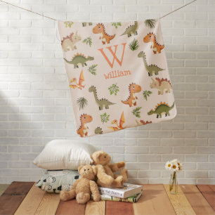 Cute Dinosaur Baby Monogram Nursery Blanket