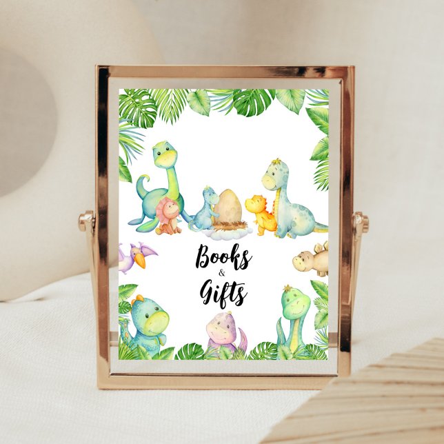 Cute Dinosaur Baby Shower Books and Gifts Poster (Greenery Dinosaur Baby Shower Books and Gifts Sign)