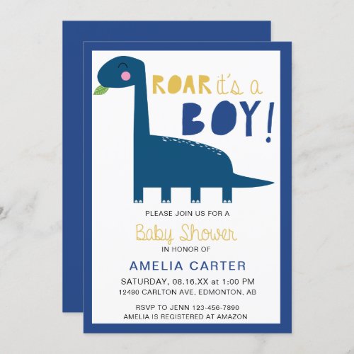 Cute Dinosaur baby shower Boy Blue Modern Invitation