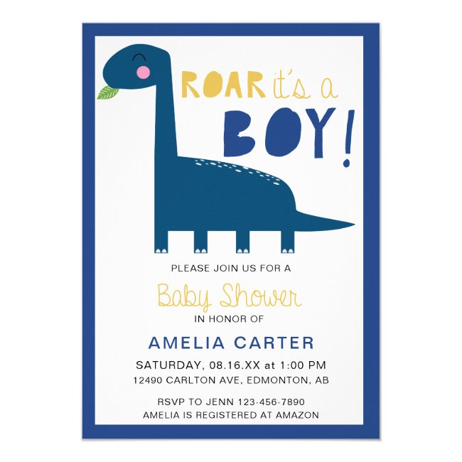 Cute Dinosaur baby shower Boy Blue Yellow Invitation