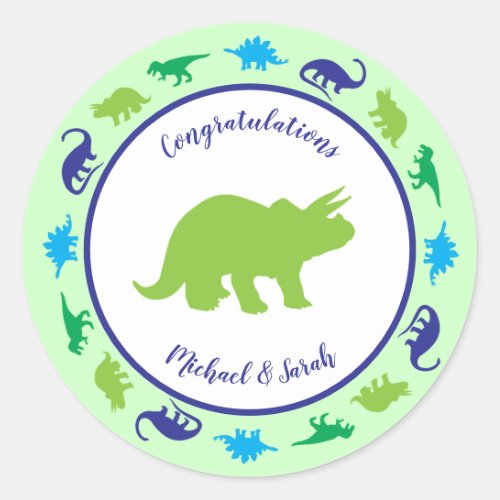 Cute Dinosaur Baby Shower Dino Blue and Green Boy Classic Round Sticker