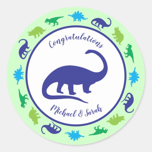 Cute Dinosaur Baby Shower Dino Blue and Green Boy Classic Round Sticker