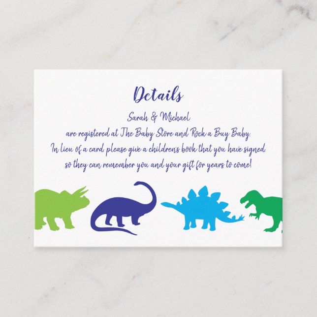 Cute Dinosaur Baby Shower Dino Blue and Green Boy Enclosure Card (Front)
