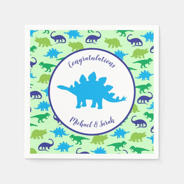 Cute Dinosaur Baby Shower Dino Blue and Green Boy Napkins (Front)