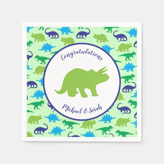 Cute Dinosaur Baby Shower Dino Blue and Green Boy Napkins (Front)