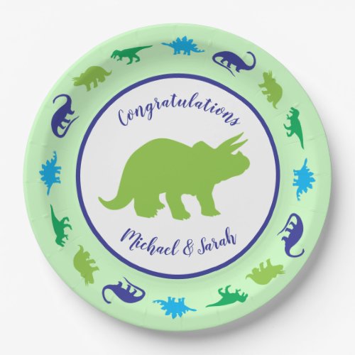 Cute Dinosaur Baby Shower Dino Blue and Green Boy Paper Plates