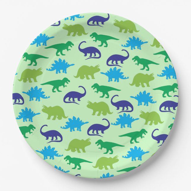 Cute Dinosaur Baby Shower Dino Blue and Green Boy Paper Plates (Front)