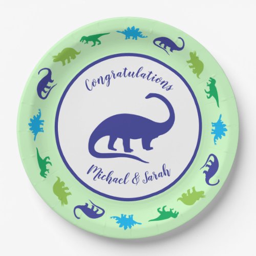 Cute Dinosaur Baby Shower Dino Blue and Green Boy Paper Plates