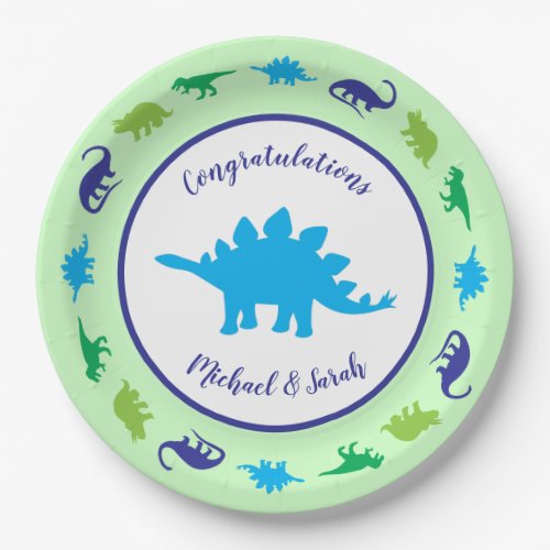 Cute Dinosaur Baby Shower Dino Blue and Green Boy Paper Plates