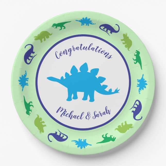 Cute Dinosaur Baby Shower Dino Blue and Green Boy Paper Plates (Front)