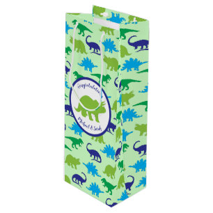 Cute Dinosaur Baby Shower Dino Blue and Green Boy Wine Gift Bag