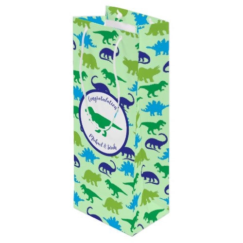 Cute Dinosaur Baby Shower Dino Blue and Green Boy Wine Gift Bag