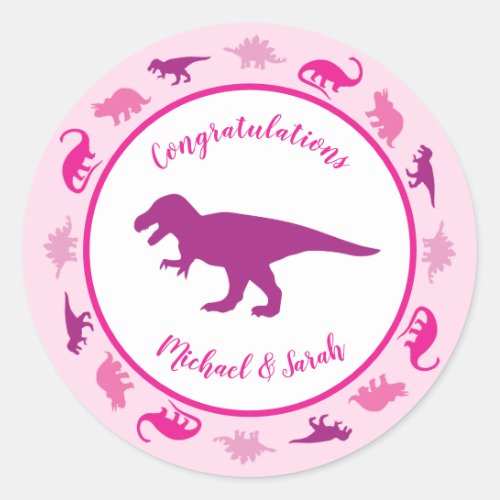 Cute Dinosaur Baby Shower Dino Pink Girl Classic Round Sticker