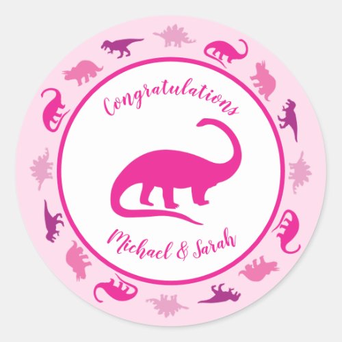 Cute Dinosaur Baby Shower Dino Pink Girl Classic Round Sticker