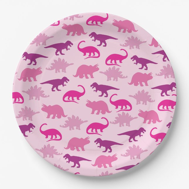 Cute Dinosaur Baby Shower Dino Pink Girl Paper Plates (Front)