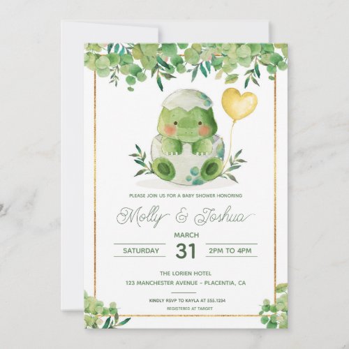 Cute Dinosaur Baby Shower Greenery Dino Invitation