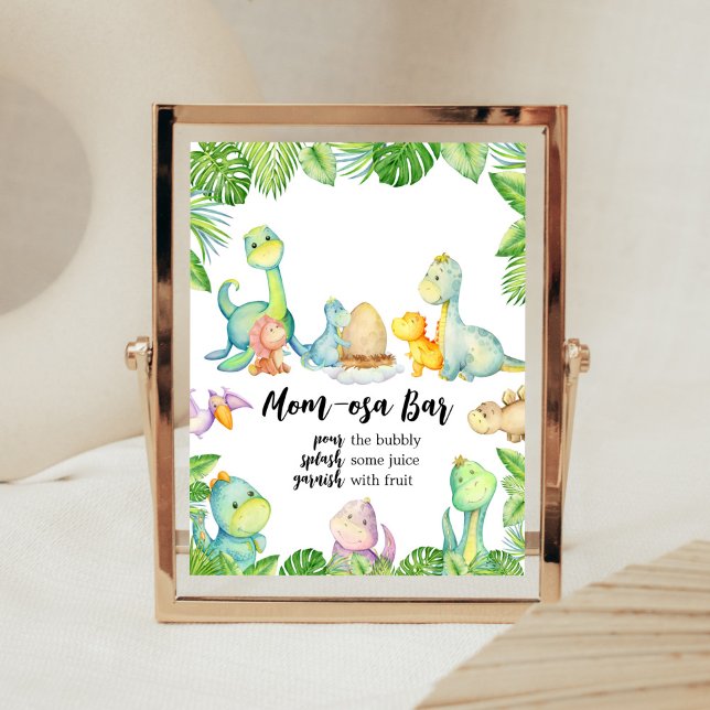 Cute Dinosaur Baby Shower Mom Osa Bar Poster (Greenery Dinosaur Baby Shower Mom Osa Bar Sign)