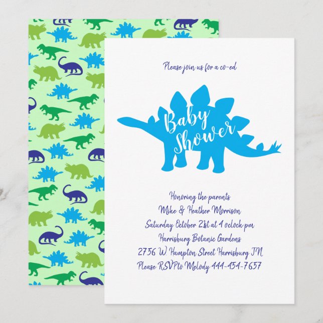 Cute Dinosaur Baby Shower Stegosaurus Blue Boy Invitation (Front/Back)