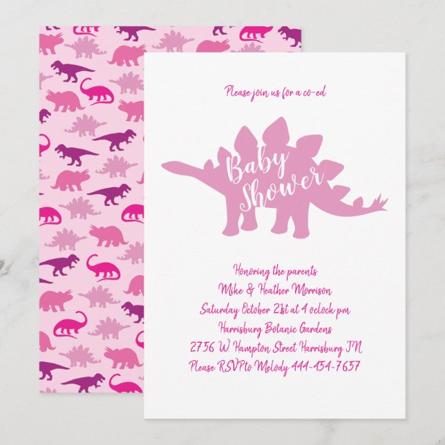 Cute Dinosaur Baby Shower Stegosaurus Pink Girl Invitation (Front/Back)