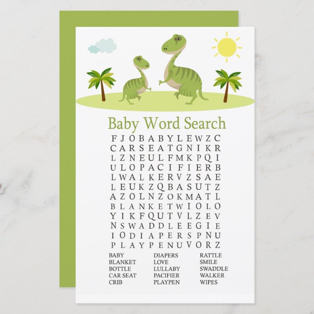 Cute Dinosaur Baby Shower Word Search Game (Front/Back)