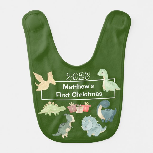 Cute Dinosaur Baby's First Christmas Dino 2023 Baby Bib (Front)