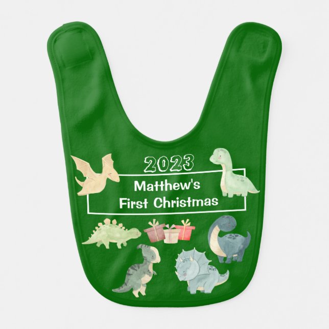 Cute Dinosaur Baby's First Christmas Green 2023 Baby Bib (Front)