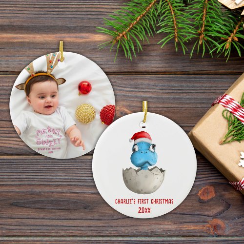 Cute Dinosaur Babys First Christmas Photo  Ceramic Ornament