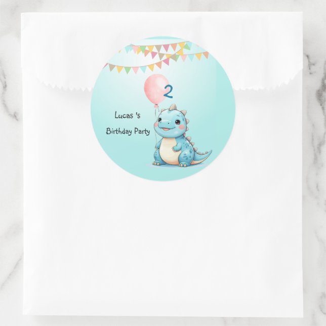Cute Dinosaur Balloon Boy Happy birthday party Classic Round Sticker (Bag)