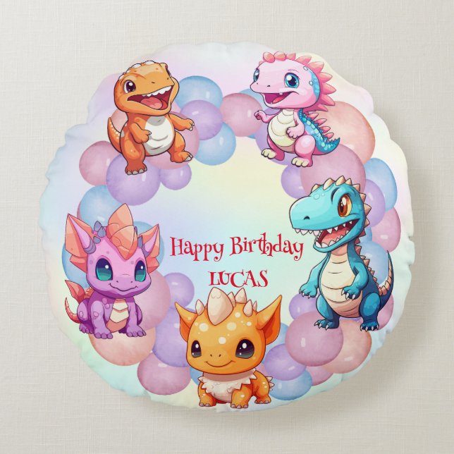 Cute dinosaur Balloon School kids birthday party  Round Pillow (Front)