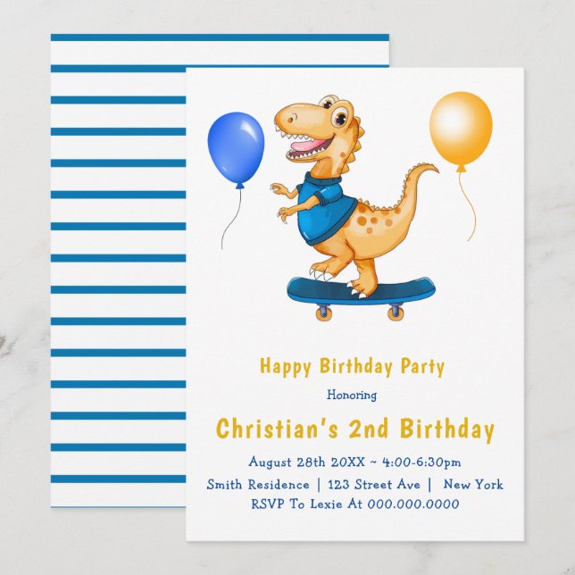 Cute Dinosaur Balloons 2nd Birthday Invitations  (Front/Back)