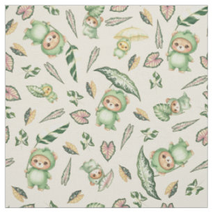 Cute Dinosaur Bear and  Leaves Seamless Pattern Fabric