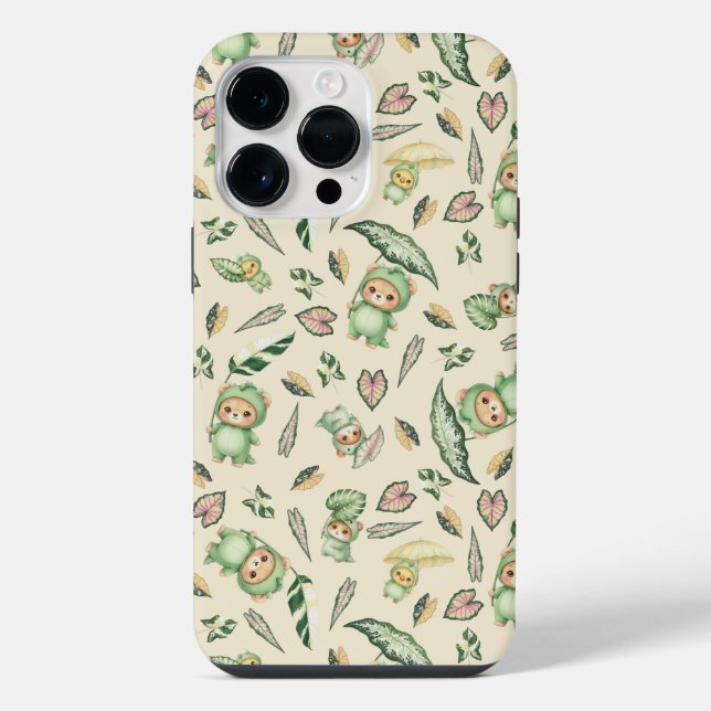 Cute Dinosaur Bear and  Leaves Seamless Pattern iPhone Case (Back)