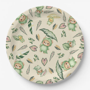 Cute Dinosaur Bear and  Leaves Seamless Pattern Paper Plates