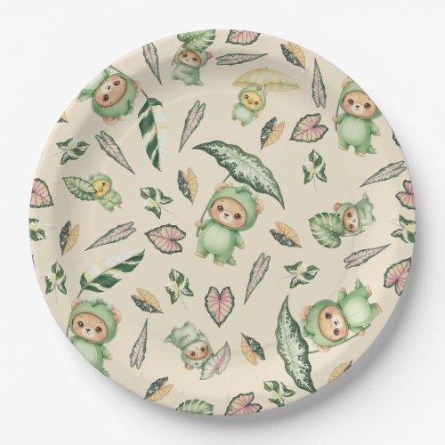 Cute Dinosaur Bear and  Leaves Seamless Pattern Paper Plates
